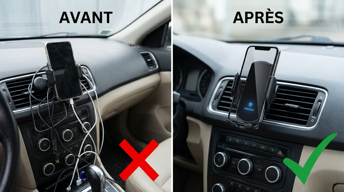 Avant après : habitacle sans câbles grâce au support magnétique AutoLock Pro